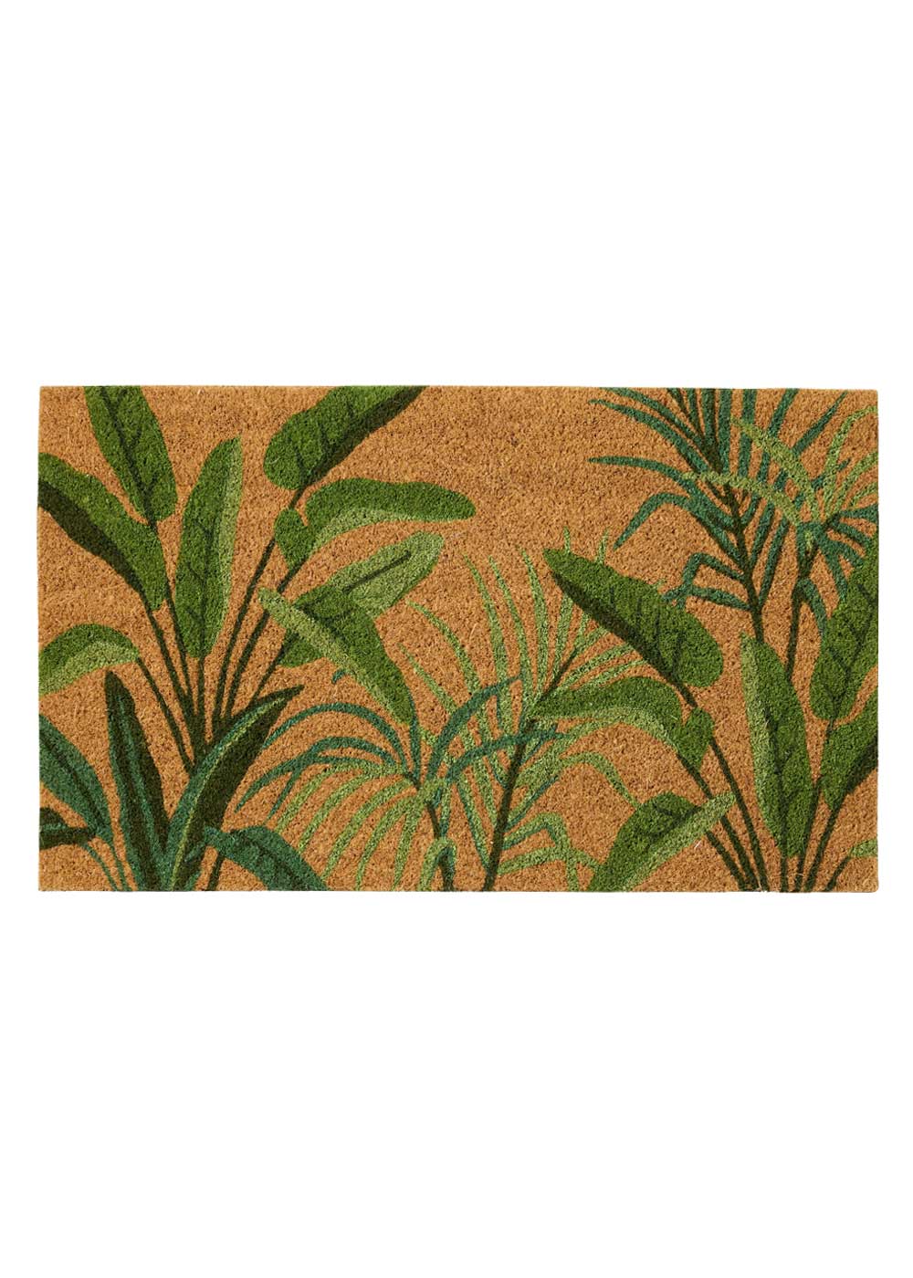 Tropics Green natural coir doormat with tropical leaf design
