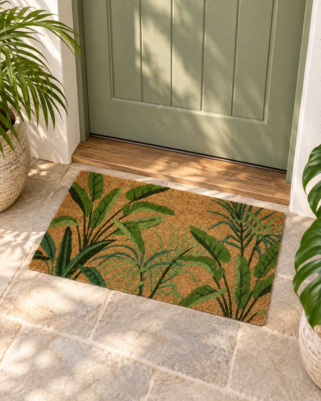 Tropics Green coir doormat styled at a tropical inspired front entrance
