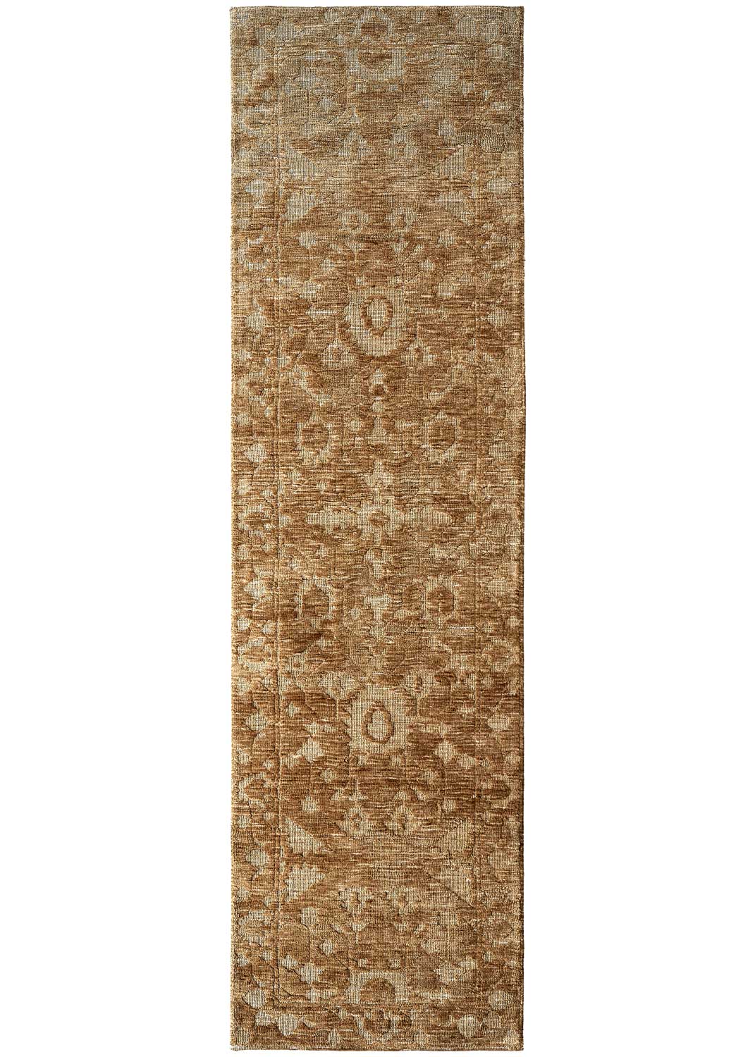 Vivienne Manor traditional distressed hallway runner with warm caramel, honey and soft beige floral tones.