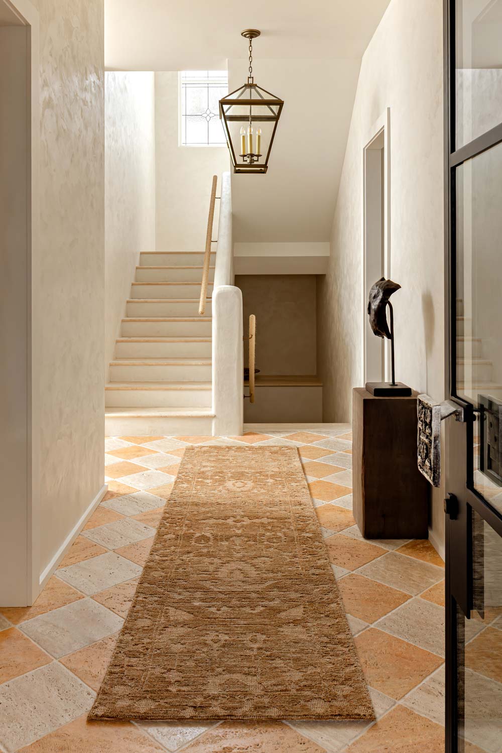Vivienne Manor traditional distressed hallway runner with warm caramel, honey and soft beige floral tones.