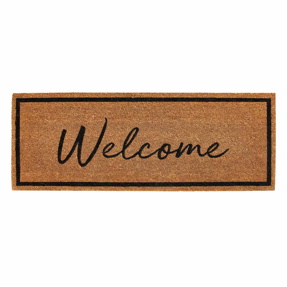 Welcome wide natural coir doormat with black script and border