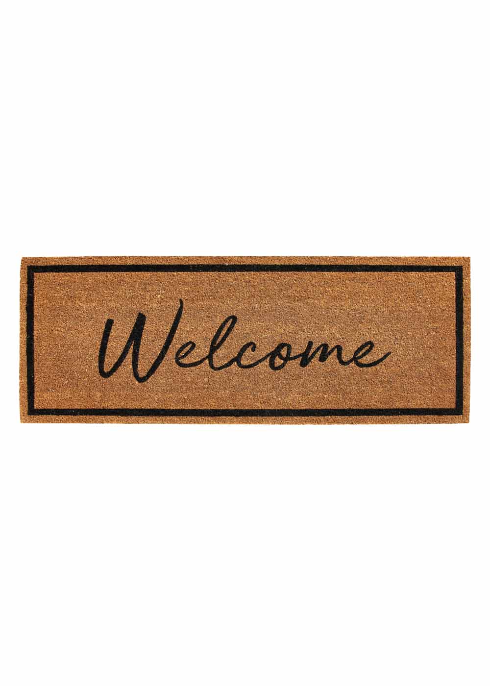 Welcome wide natural coir doormat with black script and border
