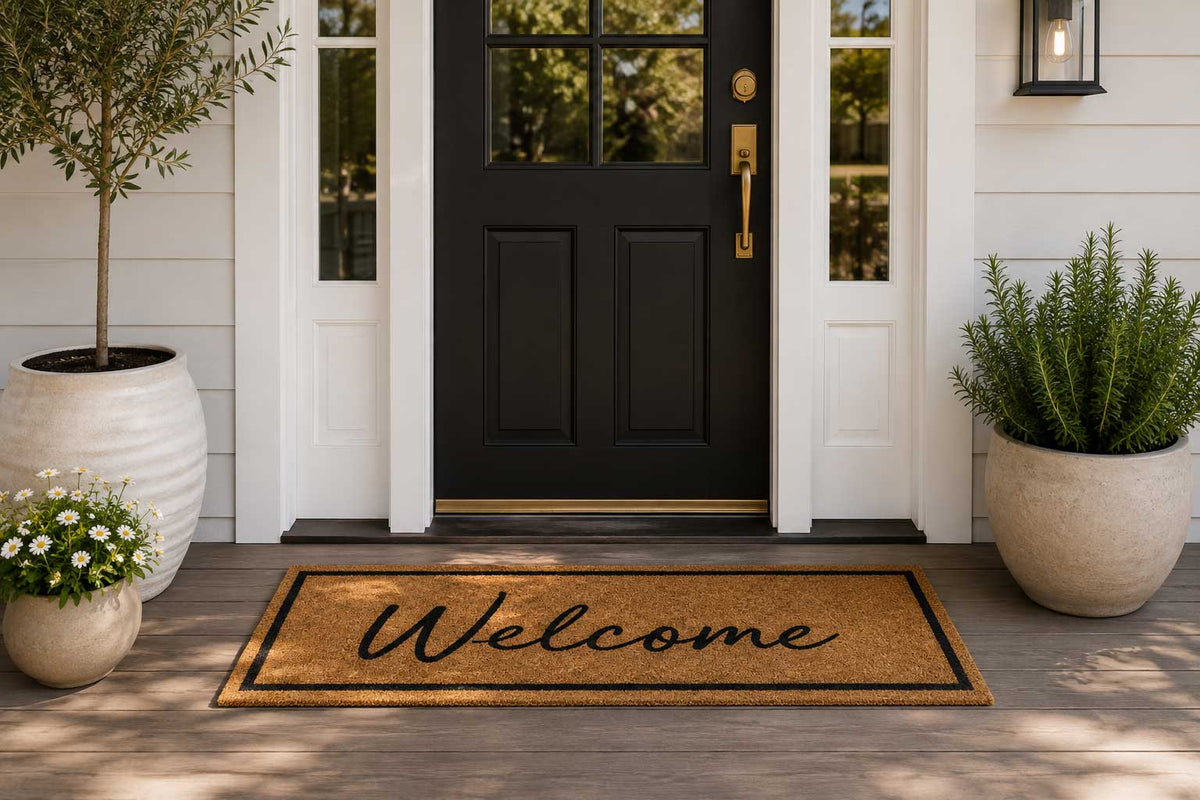 Welcome wide natural coir doormat with black script and border